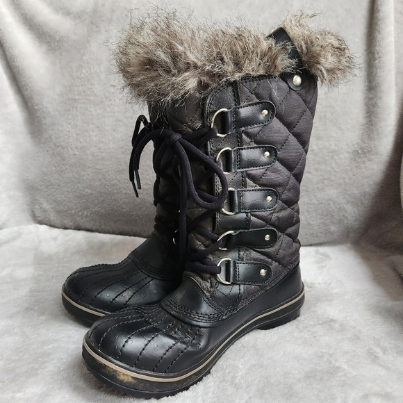 Sorel Tofino Womens 7 Boots Black Winter Waterproof Quilted Faux-Fur Trim - Picture 3 of 16